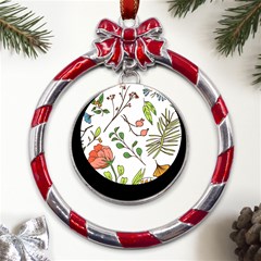 Line Floral Art Pattern Ornament Metal Red Ribbon Round Ornament by Grandong