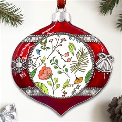 Line Floral Art Pattern Ornament Metal Snowflake And Bell Red Ornament by Grandong