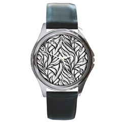 Black White Flower Texture Pattern Round Metal Watch by Grandong