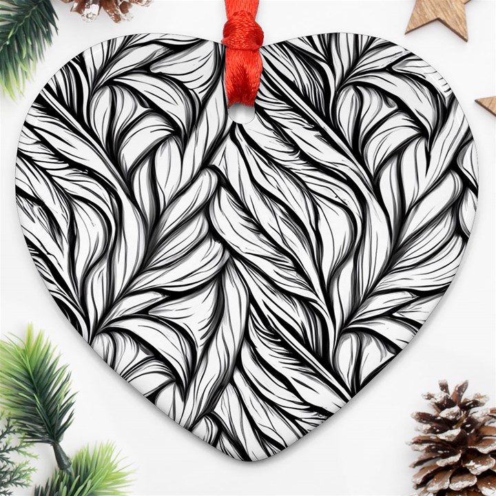 Black White Flower Texture Pattern Heart Ornament (Two Sides)