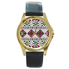 Ukrainian Folk Seamless Pattern Ethnic Ornament Border Element Traditional Round Gold Metal Watch