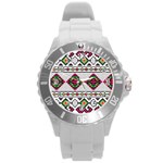 Ukrainian Folk Seamless Pattern Ethnic Ornament Border Element Traditional Round Plastic Sport Watch (L) Front