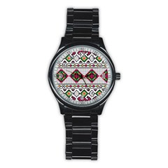 Ukrainian Folk Seamless Pattern Ethnic Ornament Border Element Traditional Stainless Steel Round Watch by Grandong