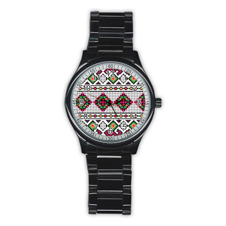 Ukrainian Folk Seamless Pattern Ethnic Ornament Border Element Traditional Stainless Steel Round Watch