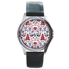 Scandinavian Folk Seamless Pattern Round Metal Watch by Grandong