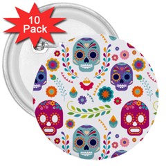 Mexican Floral With Skull Seamless Pattern 3  Buttons (10 Pack)  by Grandong