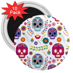 Mexican Floral With Skull Seamless Pattern 3  Magnets (10 Pack)  by Grandong