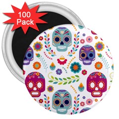 Mexican Floral With Skull Seamless Pattern 3  Magnets (100 Pack) by Grandong