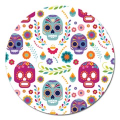 Mexican Floral With Skull Seamless Pattern Magnet 5  (round) by Grandong