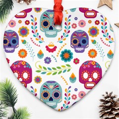 Mexican Floral With Skull Seamless Pattern Heart Ornament (two Sides)