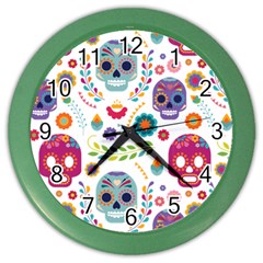 Mexican Floral With Skull Seamless Pattern Color Wall Clock by Grandong