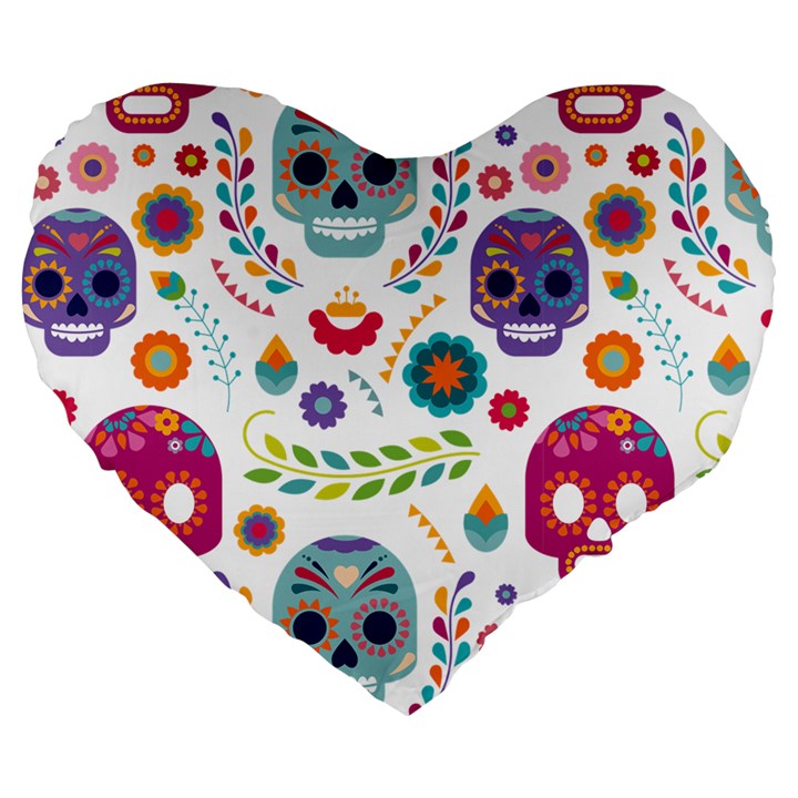 Mexican Floral With Skull Seamless Pattern Large 19  Premium Heart Shape Cushions