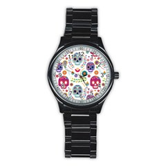 Mexican Floral With Skull Seamless Pattern Stainless Steel Round Watch by Grandong