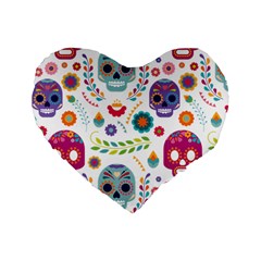 Mexican Floral With Skull Seamless Pattern Standard 16  Premium Flano Heart Shape Cushions by Grandong