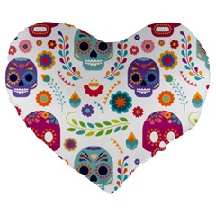 Mexican Floral With Skull Seamless Pattern Large 19  Premium Flano Heart Shape Cushions by Grandong