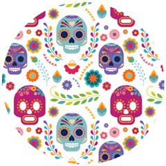 Mexican Floral With Skull Seamless Pattern Wooden Puzzle Round by Grandong