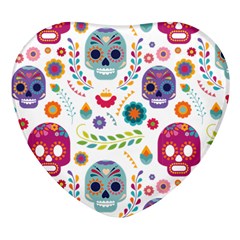 Mexican Floral With Skull Seamless Pattern Heart Glass Fridge Magnet (4 Pack) by Grandong