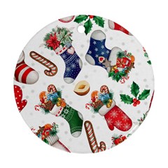 Christmas Socks Gloves Candy Cane Stocking Seamless Round Ornament (two Sides)