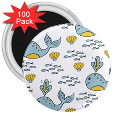 Whale Cartoon Whale Seamless Cartoon Character Animals Leaf 3  Magnets (100 Pack) by Grandong