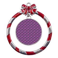 Violet White Pattern Metal Red Ribbon Round Ornament by ytdream