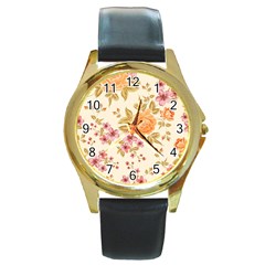 Peony Flower Floral Flora Pattern Round Gold Metal Watch by Bedest