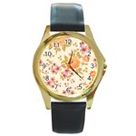 Peony Flower Floral Flora Pattern Round Gold Metal Watch Front