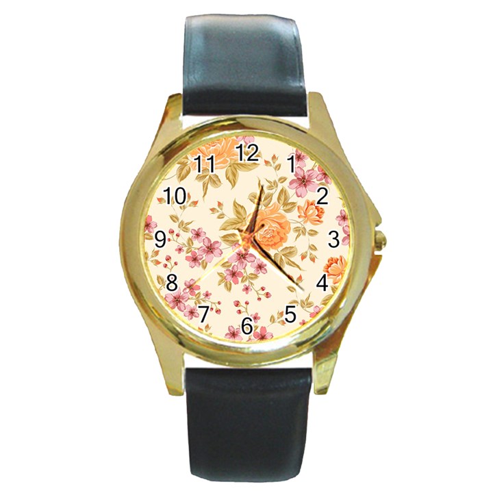 Peony Flower Floral Flora Pattern Round Gold Metal Watch