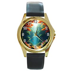 Autumn Trees Nature Round Gold Metal Watch by Bedest