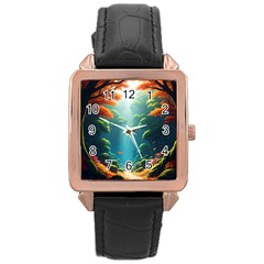 Autumn Trees Nature Rose Gold Leather Watch  by Bedest