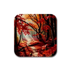 Forest Path Red Nature Rubber Square Coaster (4 Pack)