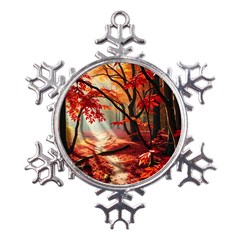 Forest Path Red Nature Metal Large Snowflake Ornament