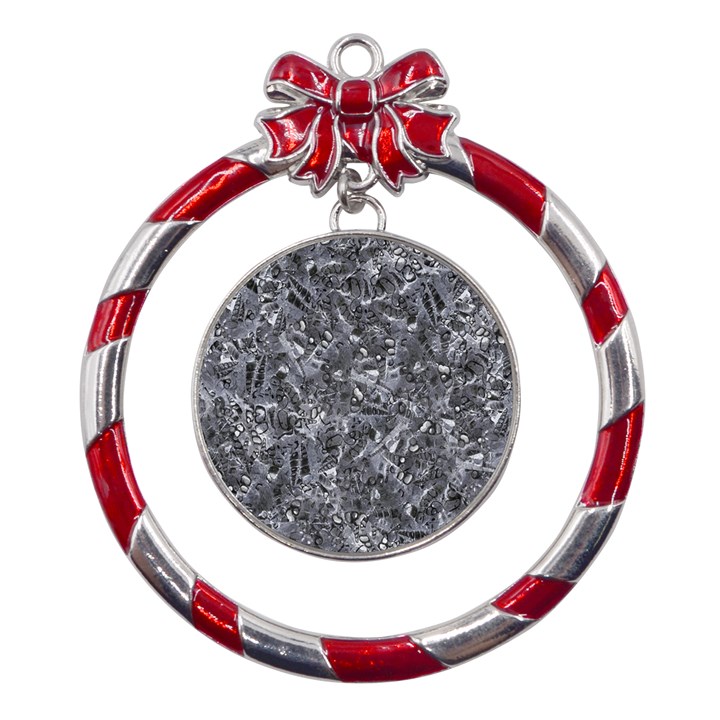 Geologic Marine Life Motif Black And White Print Metal Red Ribbon Round Ornament