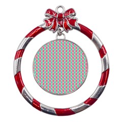 Yellow Blue Pattern Metal Red Ribbon Round Ornament