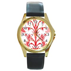 A Drawing Of A Red Flower And Leaves On A White Background Round Gold Metal Watch by catchydesignhill