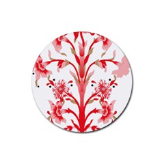 A Drawing Of A Red Flower And Leaves On A White Background Rubber Round Coaster (4 Pack) by catchydesignhill