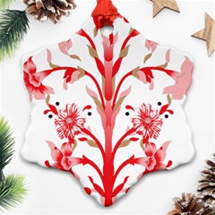 A Drawing Of A Red Flower And Leaves On A White Background Ornament (snowflake)