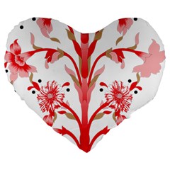 A Drawing Of A Red Flower And Leaves On A White Background Large 19  Premium Heart Shape Cushions by catchydesignhill