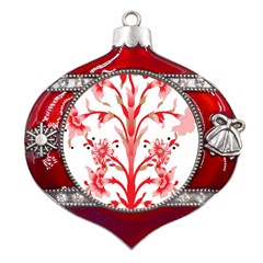 A Drawing Of A Red Flower And Leaves On A White Background Metal Snowflake And Bell Red Ornament by catchydesignhill