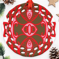 A Red And Brown Design On A White Background Round Filigree Ornament (two Sides)