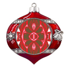 A Red And Brown Design On A White Background Metal Snowflake And Bell Red Ornament by catchydesignhill