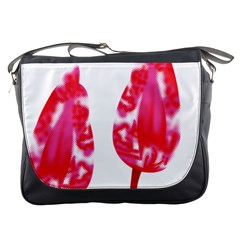 A Pair Of Red Leaves On A Black Background Messenger Bag by catchydesignhill