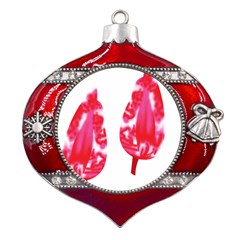 A Pair Of Red Leaves On A Black Background Metal Snowflake And Bell Red Ornament by catchydesignhill