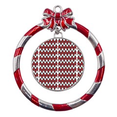 A Red And Black Zigzag Pattern On A White Background Metal Red Ribbon Round Ornament by catchydesignhill