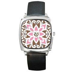 A Pink Flower On A Brown Background Square Metal Watch by catchydesignhill