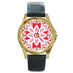 A Red And White Pattern With A Flower On It Round Gold Metal Watch by catchydesignhill