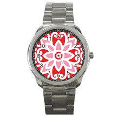 A Red And White Pattern With A Flower On It Sport Metal Watch by catchydesignhill