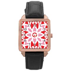 A Red And White Pattern With A Flower On It Rose Gold Leather Watch  by catchydesignhill