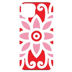 A Red And White Pattern With A Flower On It Iphone 14 Plus Black Uv Print Case by catchydesignhill