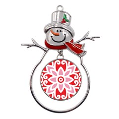 A Red And White Pattern With A Flower On It Metal Snowman Ornament by catchydesignhill