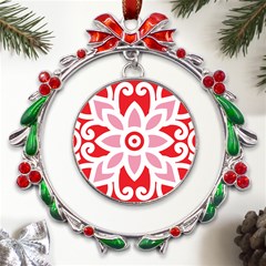 A Red And White Pattern With A Flower On It Metal X mas Wreath Ribbon Ornament by catchydesignhill